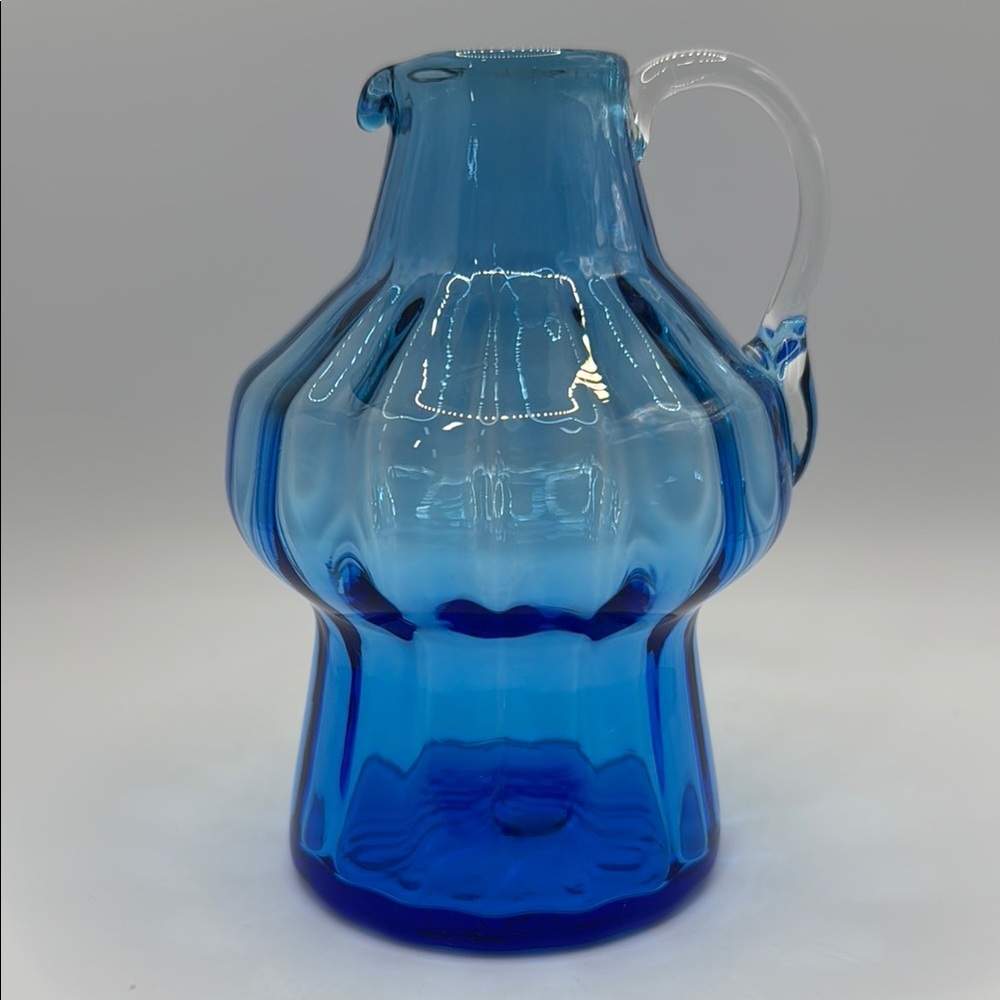 Pilgrim Glass Pitcher Blue with clear handle handblown 4.75” tall